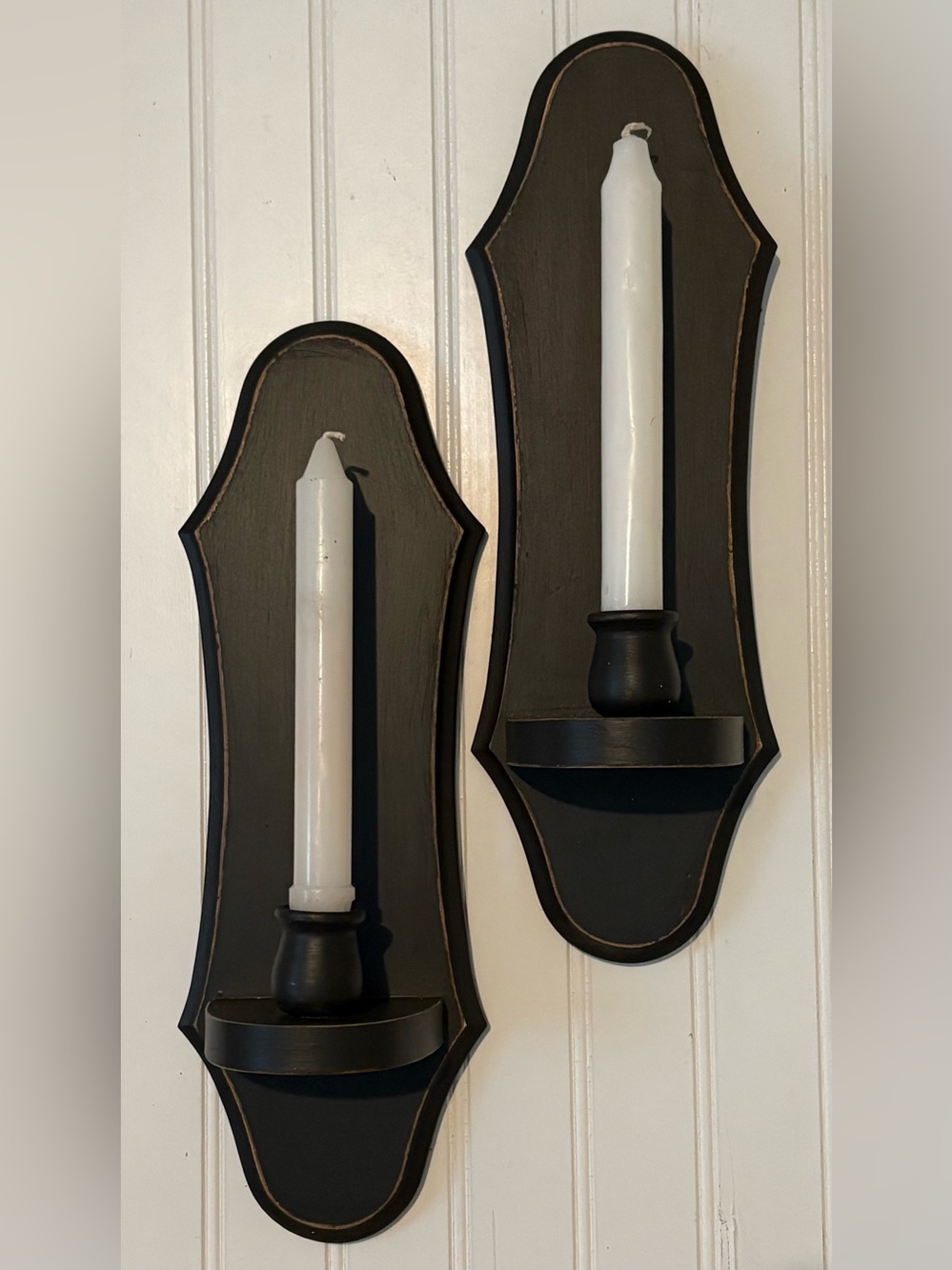 PAIR OF BLACK PRIMITIVE FARMHOUSE WALL HANGING CANDLE SCONCES